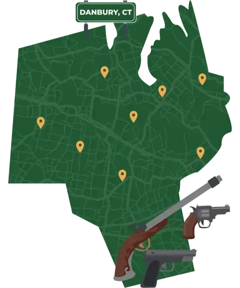 Picture of Danbury, Connecticut City Map with Danbury sign on it and places that we buy guns from.