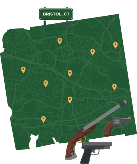 Picture of Bristol, Connecticut City Map with Bristol sign on it and places that we buy guns from.