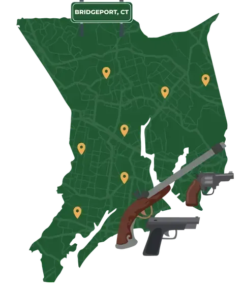 Picture of Bridgeport, Connecticut City Map with Bridgeport sign on it and places that we buy guns from.