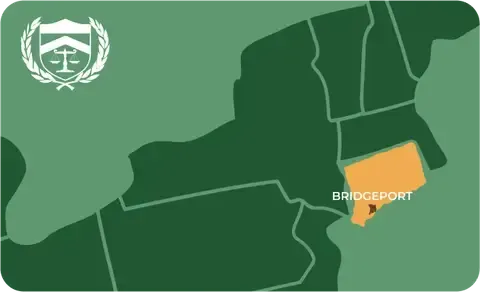 State map with Bridgeport, Connecticut highlighted, showing that Cash for Arms purchases guns in Bridgeport
