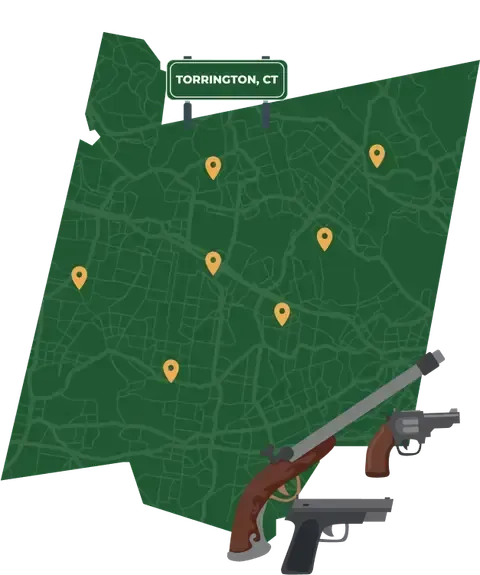 Picture of Torrington, Connecticut City Map with Torrington sign on it and places that we buy guns from.