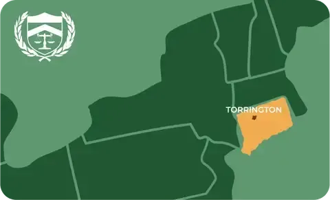 State map with Torrington, Connecticut highlighted, showing that Cash for Arms purchases guns in Torrington