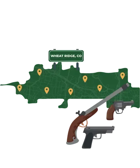 Picture of Wheat Ridge, Colorado City Map with Wheat Ridge sign on it and places that we buy guns from.
