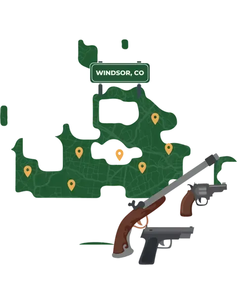 Picture of Windsor, Colorado City Map with Windsor sign on it and places that we buy guns from.