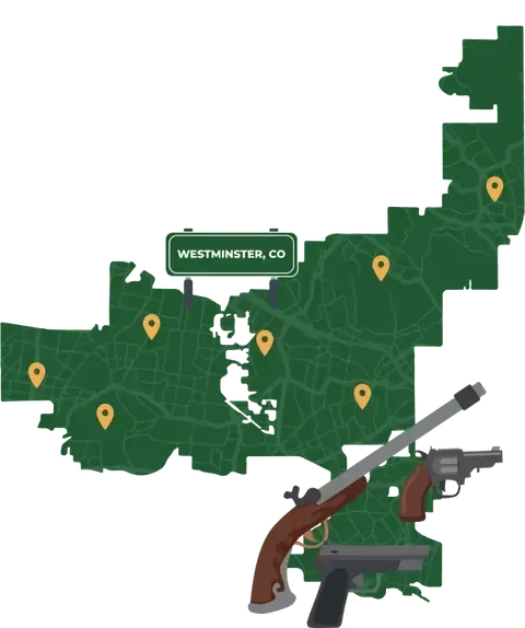 Picture of Westminster, Colorado City Map with Westminster sign on it and places that we buy guns from.