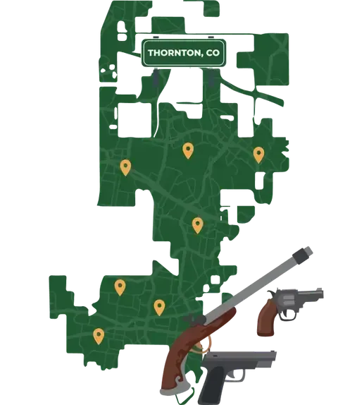 Picture of Thornton, Colorado City Map with Thornton sign on it and places that we buy guns from.