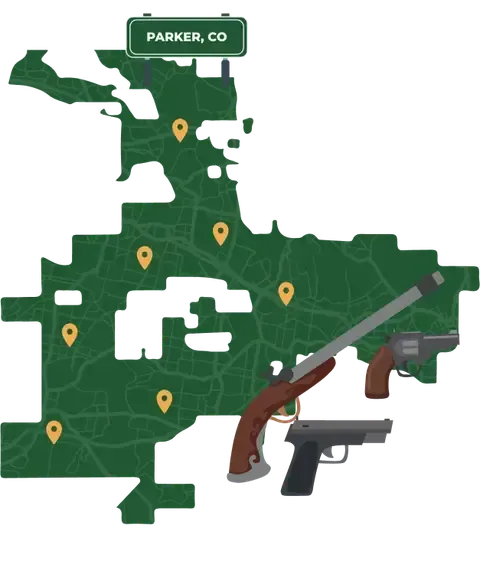 Picture of Parker, Colorado City Map with Parker sign on it and places that we buy guns from.
