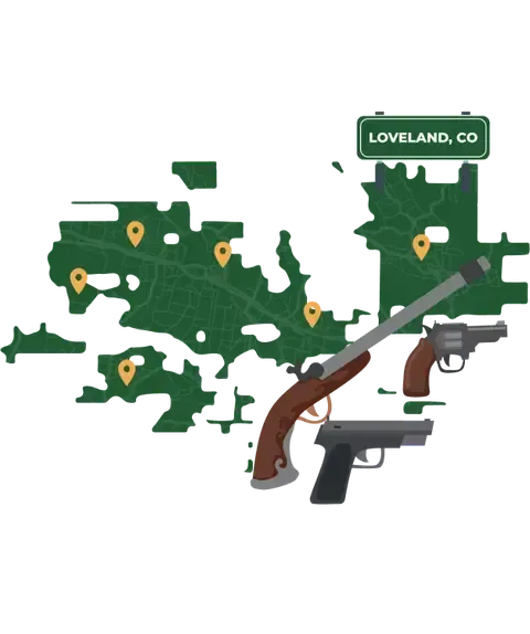 Picture of Loveland, Colorado City Map with Loveland sign on it and places that we buy guns from.