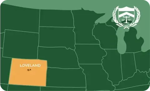 State map with Loveland, Colorado highlighted, showing that Cash for Arms purchases guns in Loveland