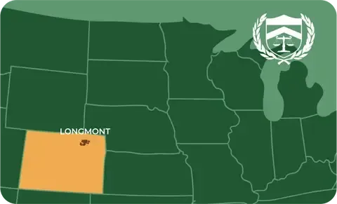 State map with Longmont, Colorado highlighted, showing that Cash for Arms purchases guns in Longmont