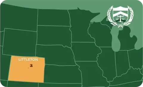 State map with Littleton, Colorado highlighted, showing that Cash for Arms purchases guns in Littleton
