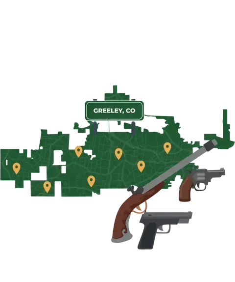 Picture of Greeley, Colorado City Map with Greeley sign on it and places that we buy guns from.