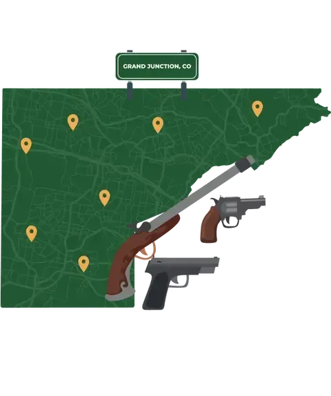 Picture of Grand Junction, Colorado City Map with Grand Junction sign on it and places that we buy guns from.