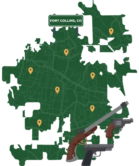 Picture of Fort Collins, Colorado City Map with Fort Collins sign on it and places that we buy guns from.