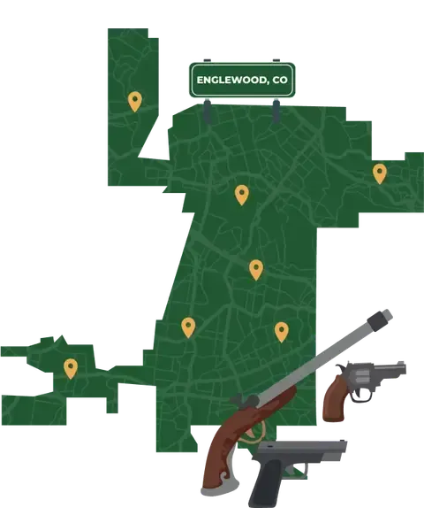 Picture of Englewood, Colorado City Map with Englewood sign on it and places that we buy guns from.