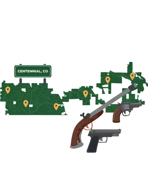Picture of Centennial, Colorado City Map with Centennial sign on it and places that we buy guns from.