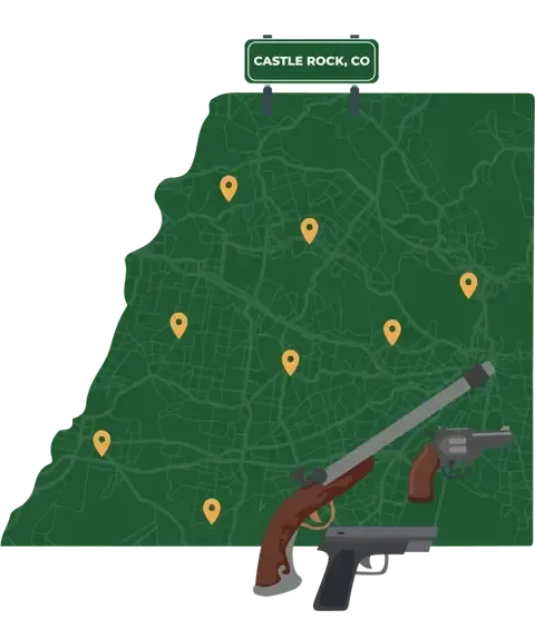 Picture of Castle Rock, Colorado City Map with Castle Rock sign on it and places that we buy guns from.