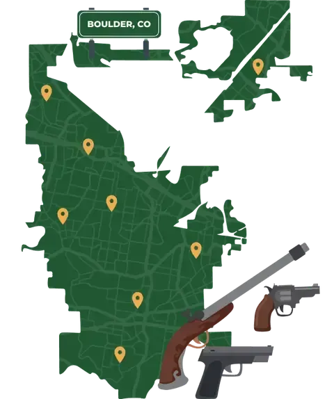 Picture of Boulder, Colorado City Map with Boulder sign on it and places that we buy guns from.