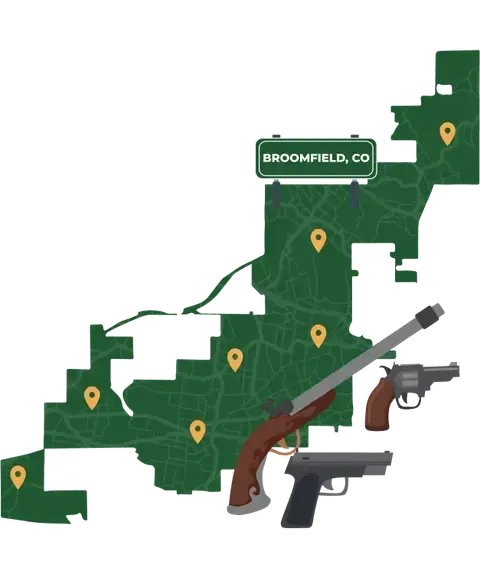 Picture of Broomfield, Colorado City Map with Broomfield sign on it and places that we buy guns from.