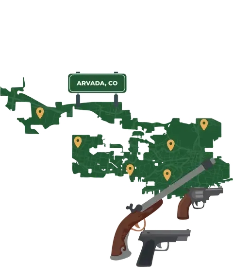 Picture of Arvada, Colorado City Map with Arvada sign on it and places that we buy guns from.
