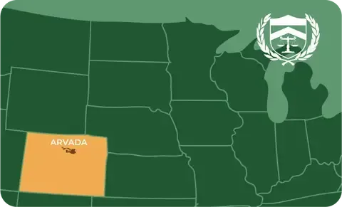 State map with Arvada, Colorado highlighted, showing that Cash for Arms purchases guns in Arvada