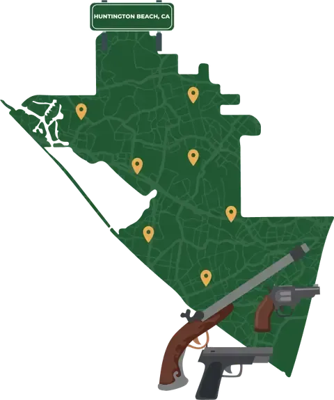 Picture of Huntington Beach, California City Map with Huntington Beach sign on it and places that we buy guns from.