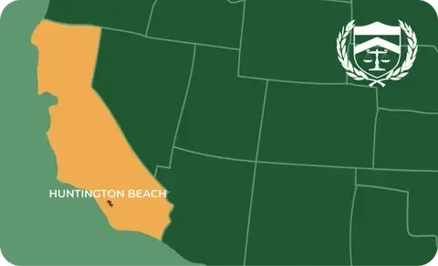 State map with Huntington Beach, California highlighted, showing that Cash for Arms purchases guns in Huntington Beach
