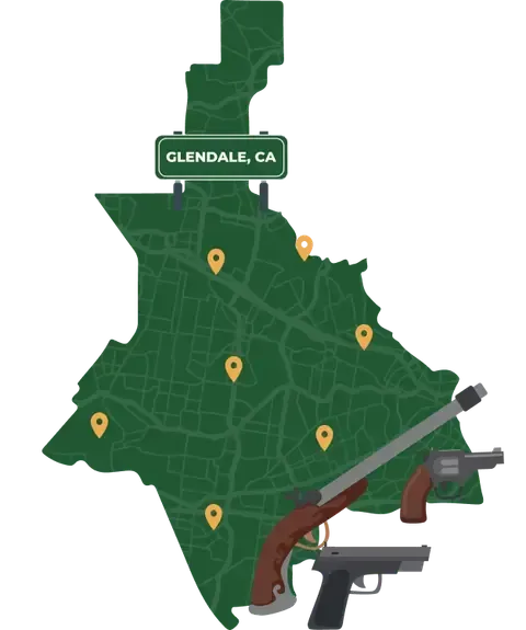 Picture of Glendale, California City Map with Glendale sign on it and places that we buy guns from.