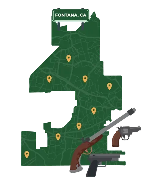 Picture of Fontana, California City Map with Fontana sign on it and places that we buy guns from.