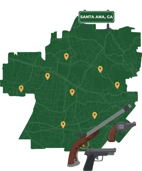 Picture of Santa Ana, California City Map with Santa Ana sign on it and places that we buy guns from.