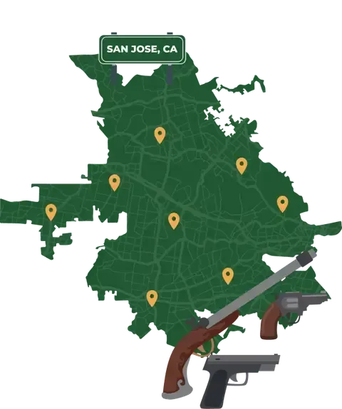 Picture of San Jose, California City Map with San Jose sign on it and places that we buy guns from.