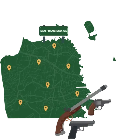 Picture of San Francisco, California City Map with San Francisco sign on it and places that we buy guns from.