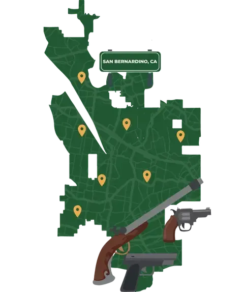 Picture of San Bernardino, California City Map with San Bernardino sign on it and places that we buy guns from.