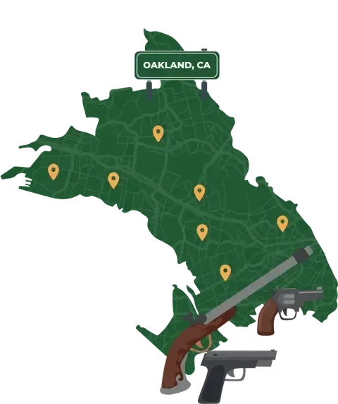 Picture of Oakland, California City Map with Oakland sign on it and places that we buy guns from.