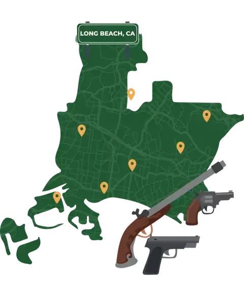 Picture of Long Beach, California City Map with Long Beach sign on it and places that we buy guns from.