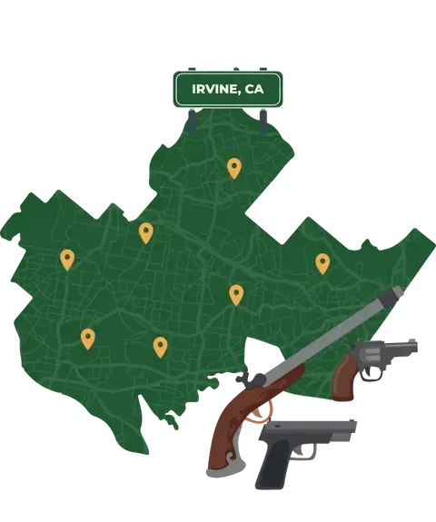 Picture of Irvine, California City Map with Irvine sign on it and places that we buy guns from.