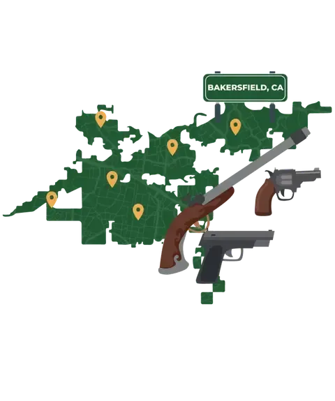 Picture of Bakersfield, California City Map with Bakersfield sign on it and places that we buy guns from.