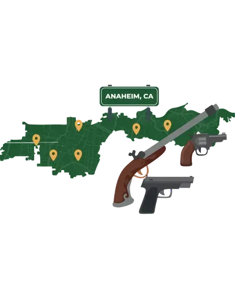 Picture of Anaheim, California City Map with Anaheim sign on it and places that we buy guns from.
