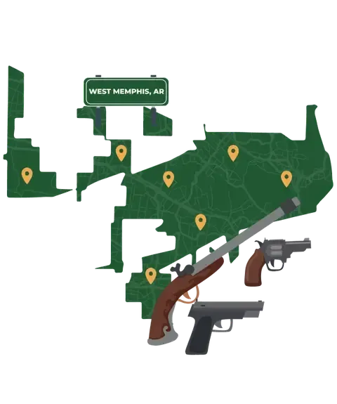 Picture of West Memphis, Arkansas City Map with West Memphis sign on it and places that we buy guns from.