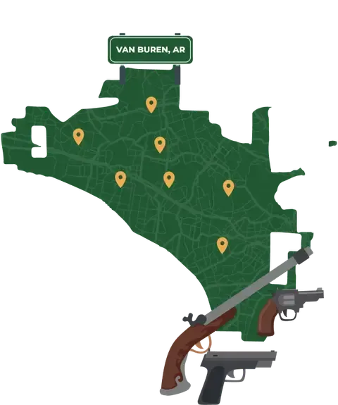 Picture of Van Buren, Arkansas City Map with Van Buren sign on it and places that we buy guns from.