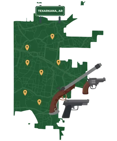 Picture of Texarkana, Arkansas City Map with Texarkana sign on it and places that we buy guns from.