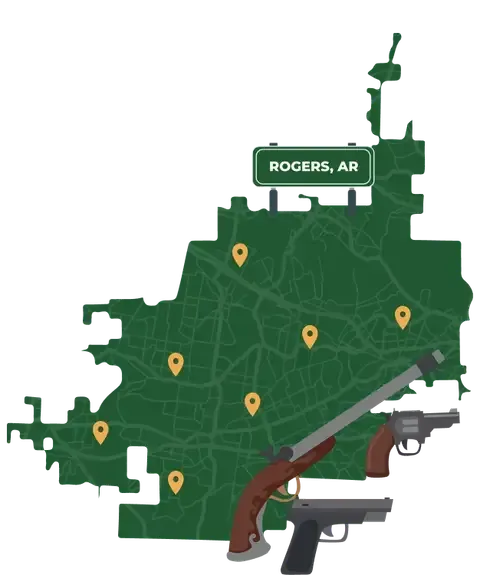 Picture of Rogers, Arkansas City Map with Rogers sign on it and places that we buy guns from.