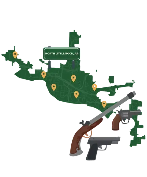 Picture of North Little Rock, Arkansas City Map with North Little Rock sign on it and places that we buy guns from.