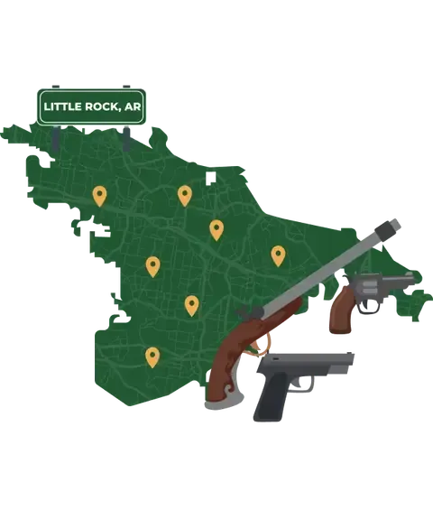 Picture of Little Rock, Arkansas City Map with Little Rock sign on it and places that we buy guns from.