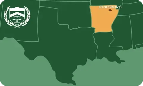 State map with Jonesboro, Arkansas highlighted, showing that Cash for Arms purchases guns in Jonesboro