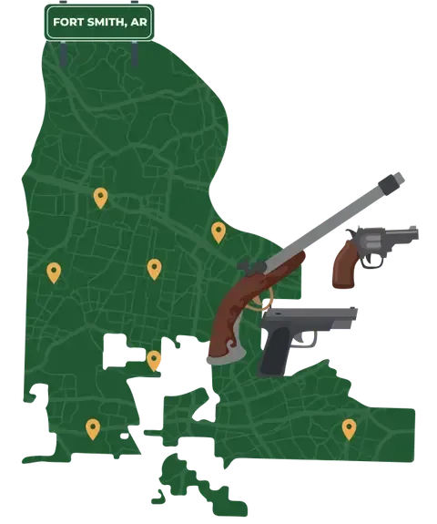 Picture of Fort Smith, Arkansas City Map with Fort Smith sign on it and places that we buy guns from.