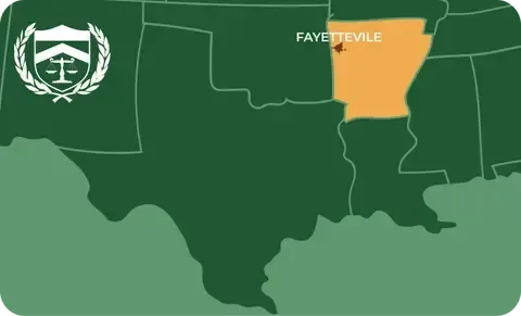 State map with Fayetteville, Arkansas highlighted, showing that Cash for Arms purchases guns in Fayetteville