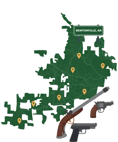 Picture of Bentonville, Arkansas City Map with Bentonville sign on it and places that we buy guns from.