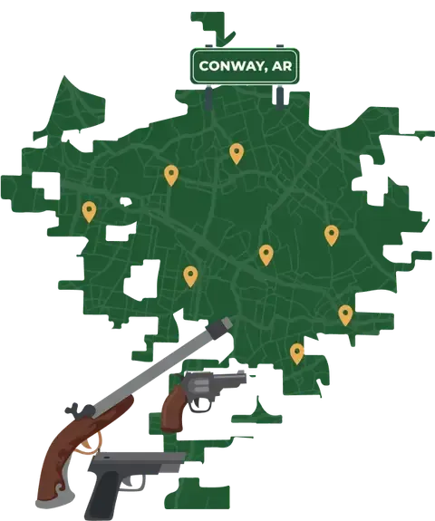 Picture of Conway, Arkansas City Map with Conway sign on it and places that we buy guns from.