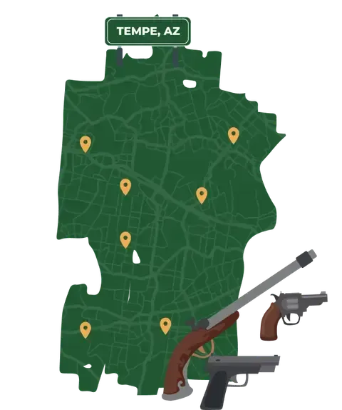 Picture of Tempe, Arizona City Map with Tempe sign on it and places that we buy guns from.